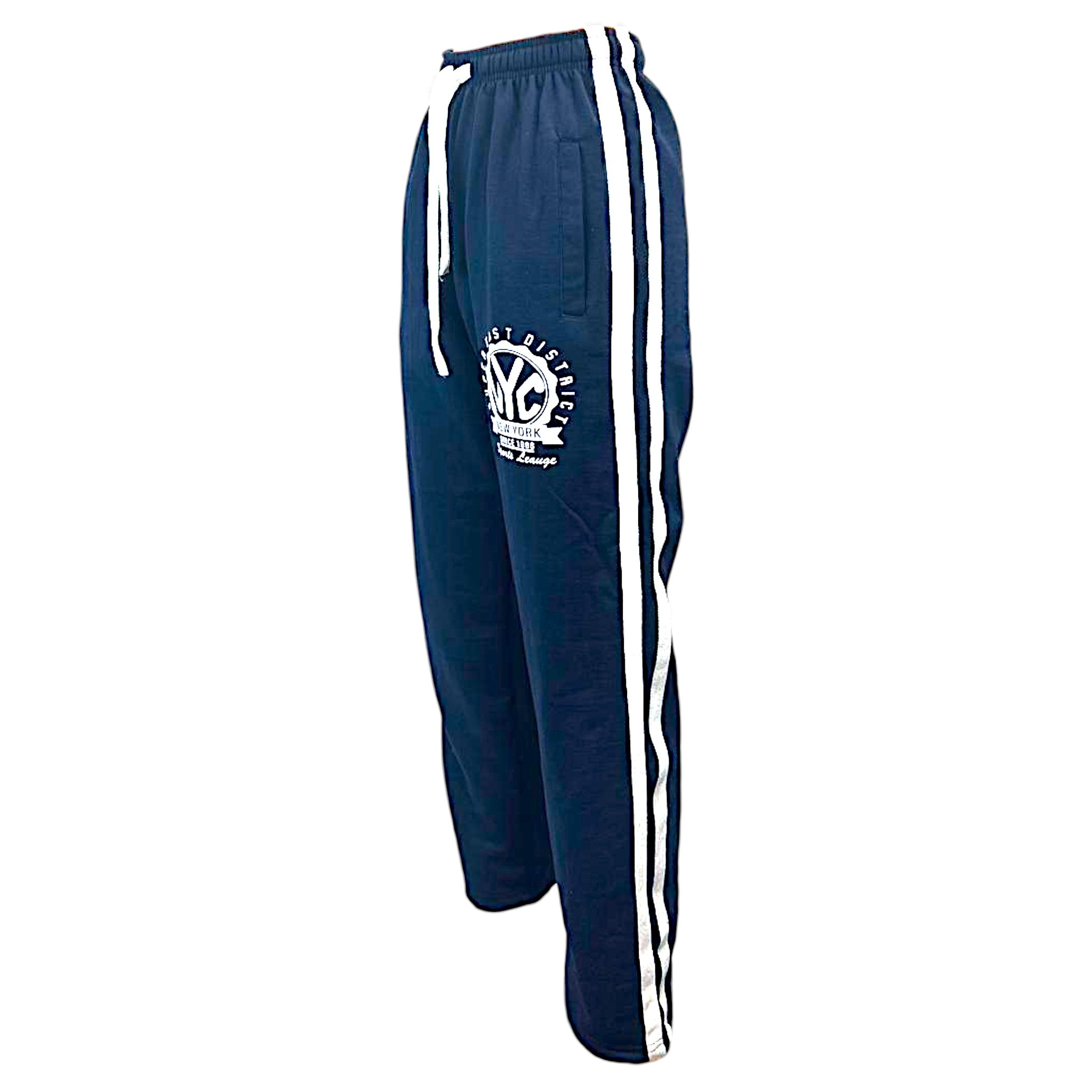 Men's navy joggers with NYC logo, Super East District print, elasticated waist with white drawstring, side stripe detail, casual loungewear trousers